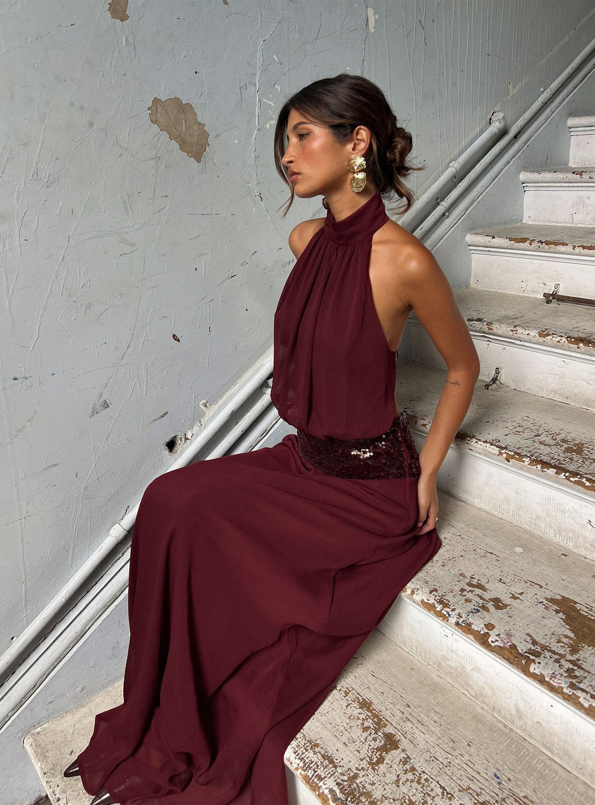 Linnet Sequin Dress with Halter Neck and Drop Waist