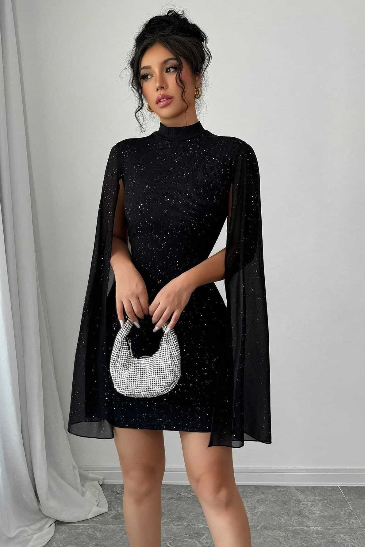 Aurore Black Dress with Cape Sleeves and Sequin Finish