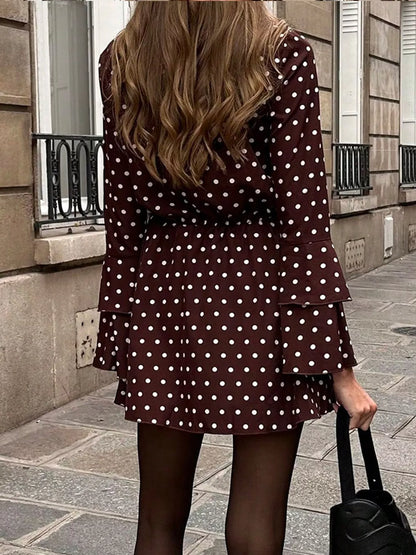 Honor Long Sleeve Mini Dress with Polka Dots and Tie Neck