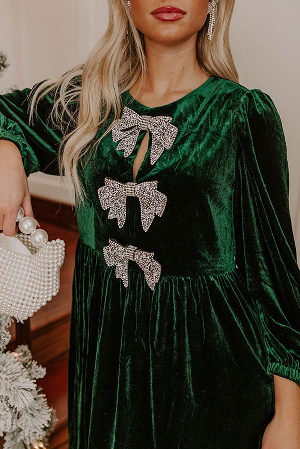 Carys Velvet Dress with Bow Detail and High Waist