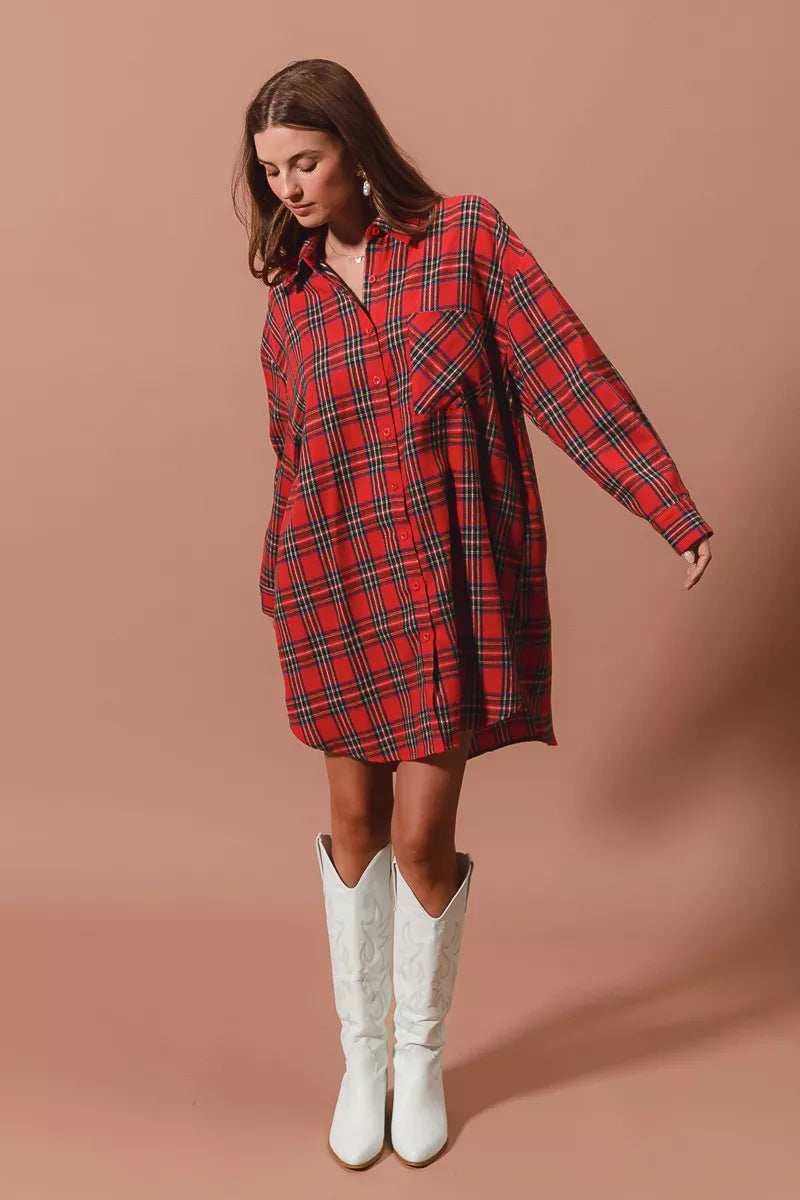 Laurel Red Dress with Tartan Check and Shirt Collar