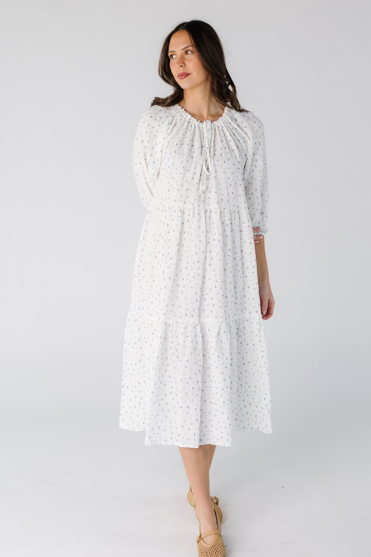 Pearl Cream Dress with Broderie Detail and Puff Sleeves