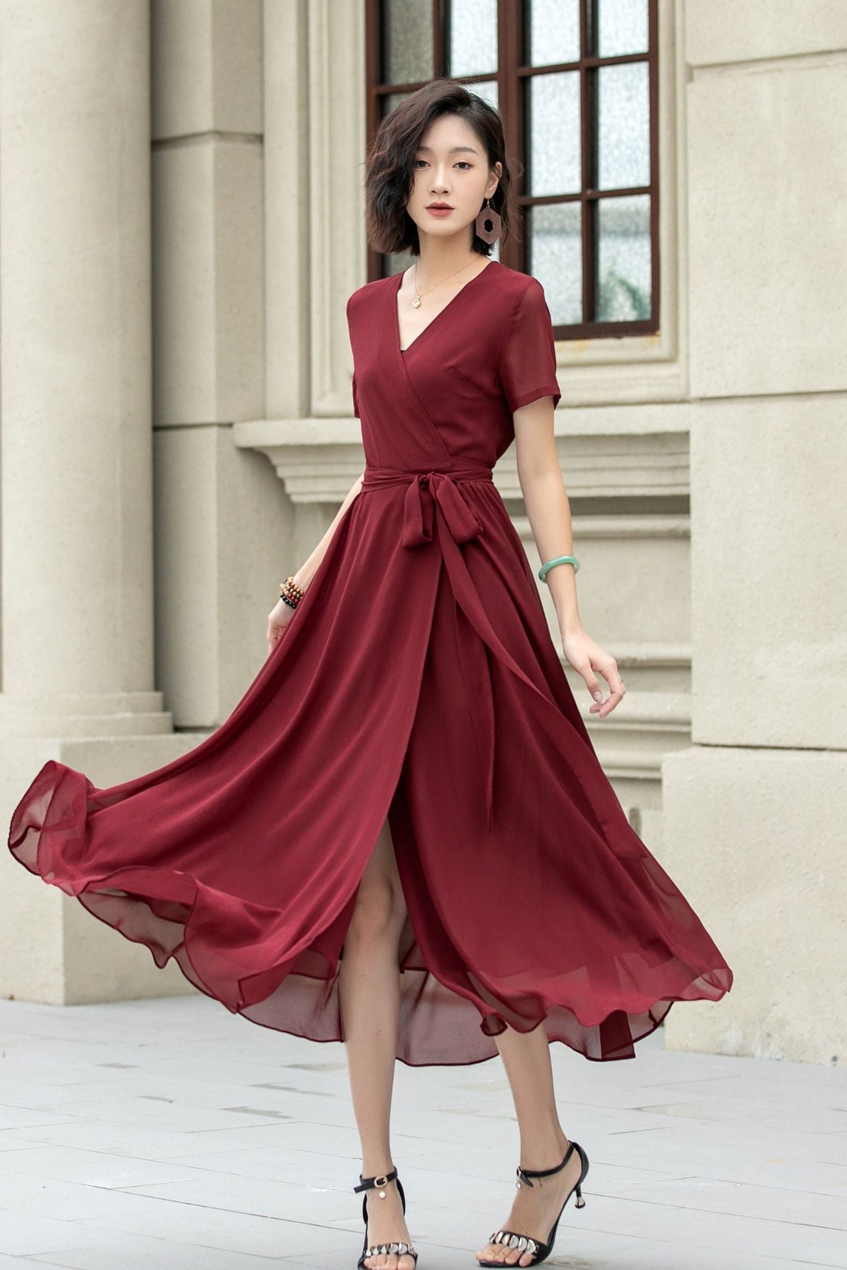 Florine Burgundy Dress with Wrap Front and Flared Skirt