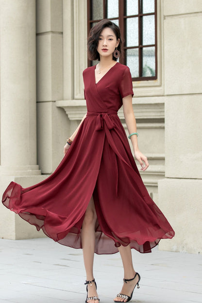 Florine Burgundy Dress with Wrap Front and Flared Skirt