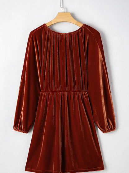 Perrine Velvet Dress with Puff Sleeves and Deep V Neck