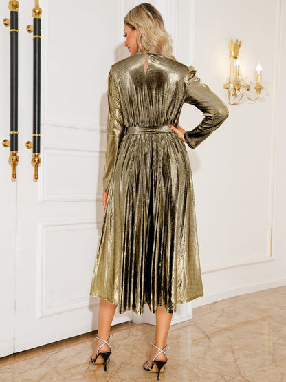 Cecily Long Sleeve Dress with Pleated Metallic and Tie Waist