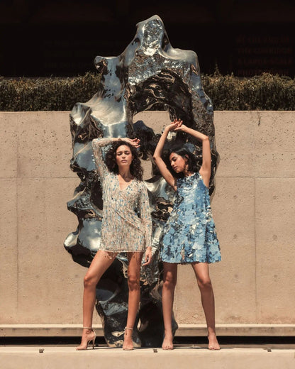 Aveline Long Sleeve Dress with Beaded Fringe and V Neck