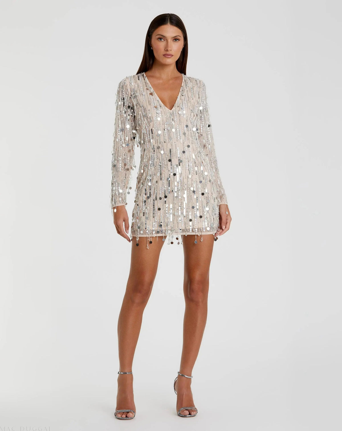 Aveline Long Sleeve Dress with Beaded Fringe and V Neck