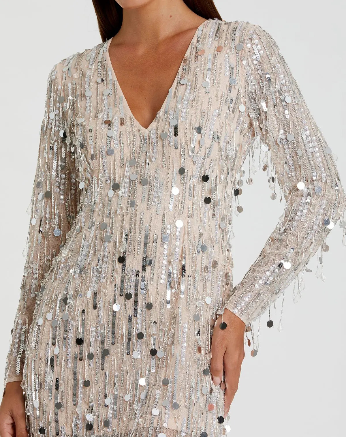 Aveline Long Sleeve Dress with Beaded Fringe and V Neck