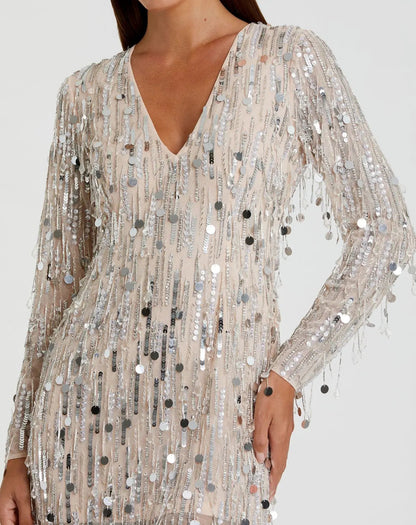 Aveline Long Sleeve Dress with Beaded Fringe and V Neck
