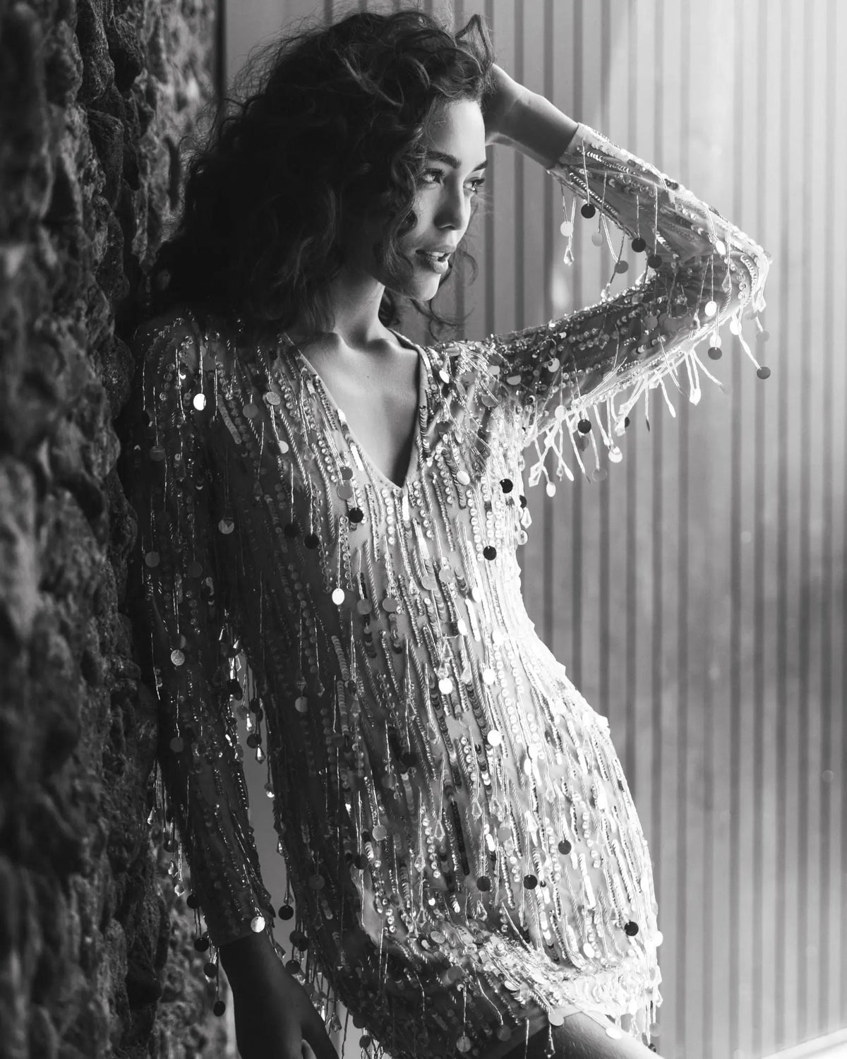 Aveline Long Sleeve Dress with Beaded Fringe and V Neck