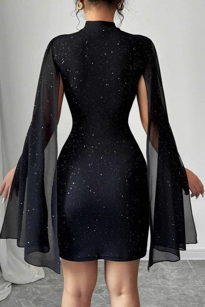 Aurore Black Dress with Cape Sleeves and Sequin Finish
