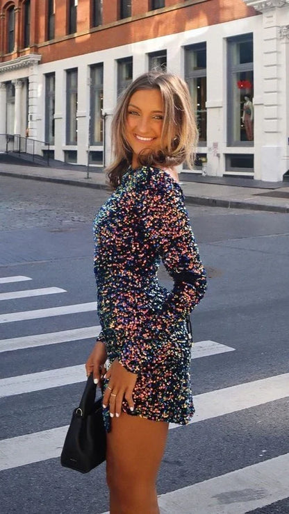 Eartha Sequin Dress with High Neck and Long Sleeves