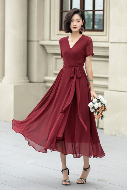 Florine Burgundy Dress with Wrap Front and Flared Skirt