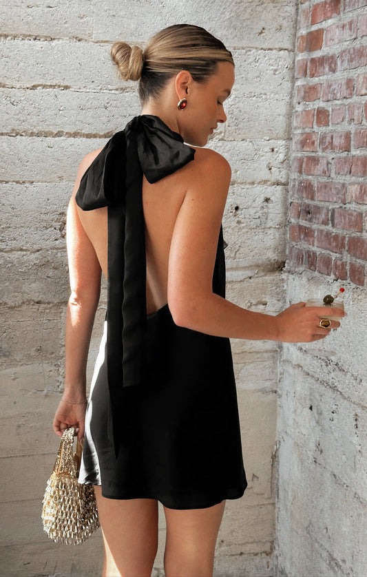 Hanna Black Mini Dress with Halter Neck and Bow Back