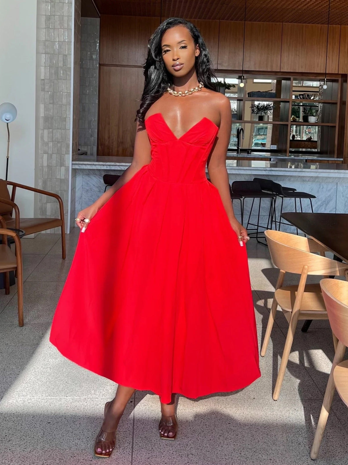 Mabelle Red Dress with Strapless Neck and Full Midi Skirt