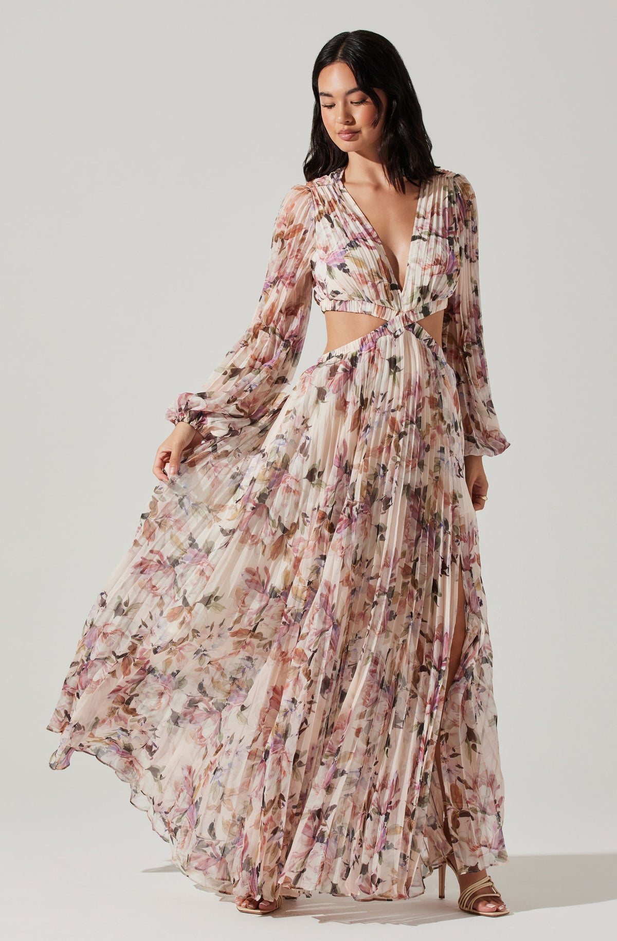 Brielle Long Sleeve Dress with Floral Print and Cutout Waist