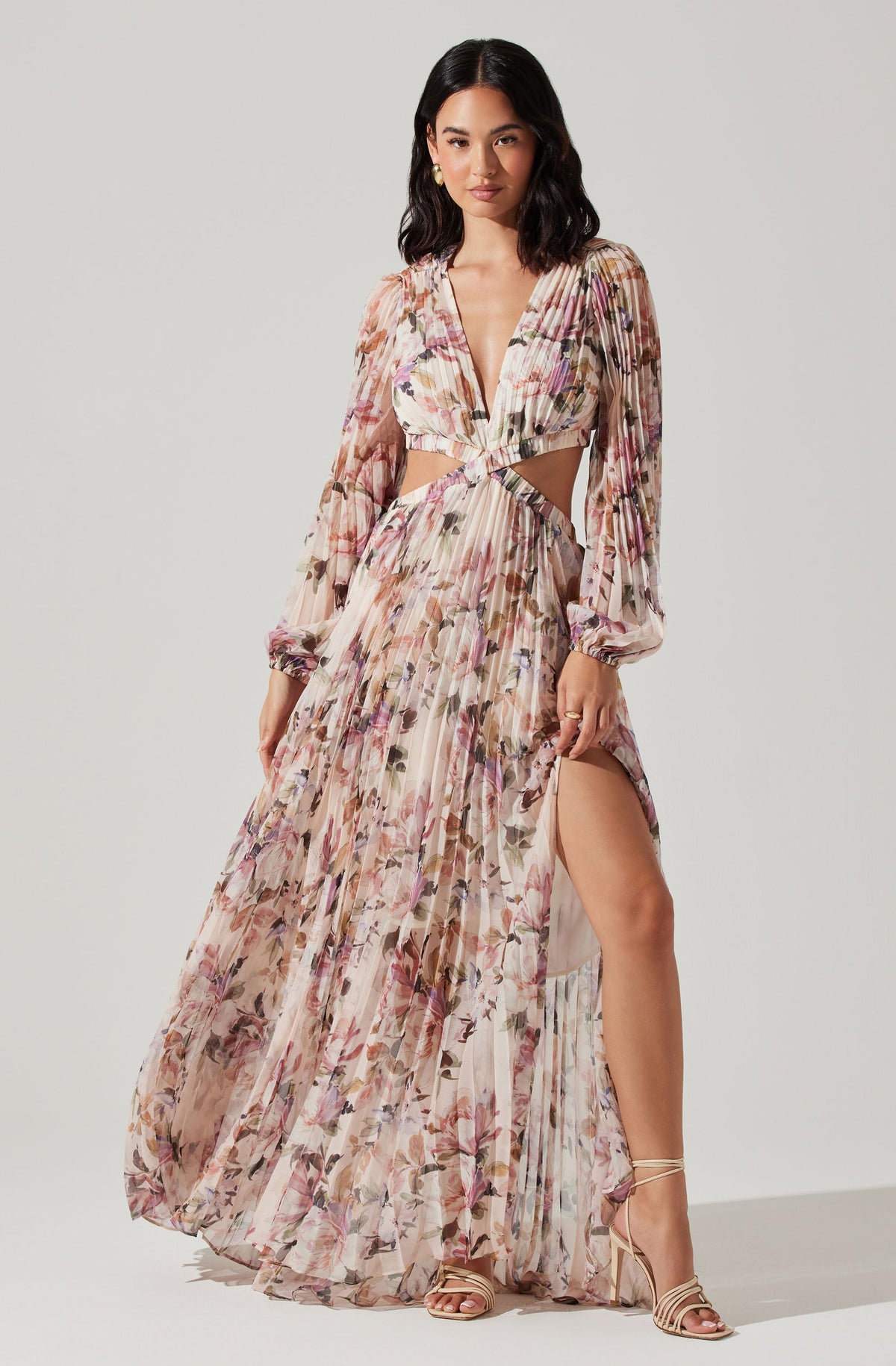 Brielle Long Sleeve Dress with Floral Print and Cutout Waist