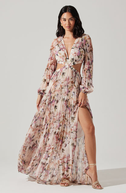 Brielle Long Sleeve Dress with Floral Print and Cutout Waist