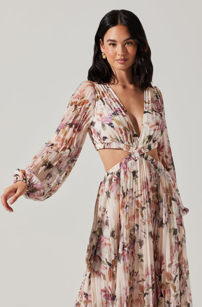 Brielle Long Sleeve Dress with Floral Print and Cutout Waist