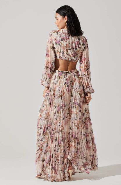 Brielle Long Sleeve Dress with Floral Print and Cutout Waist