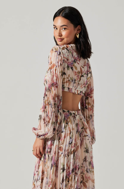 Brielle Long Sleeve Dress with Floral Print and Cutout Waist