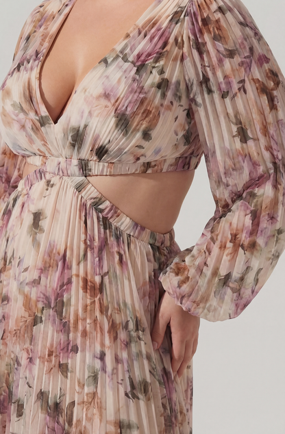 Brielle Long Sleeve Dress with Floral Print and Cutout Waist