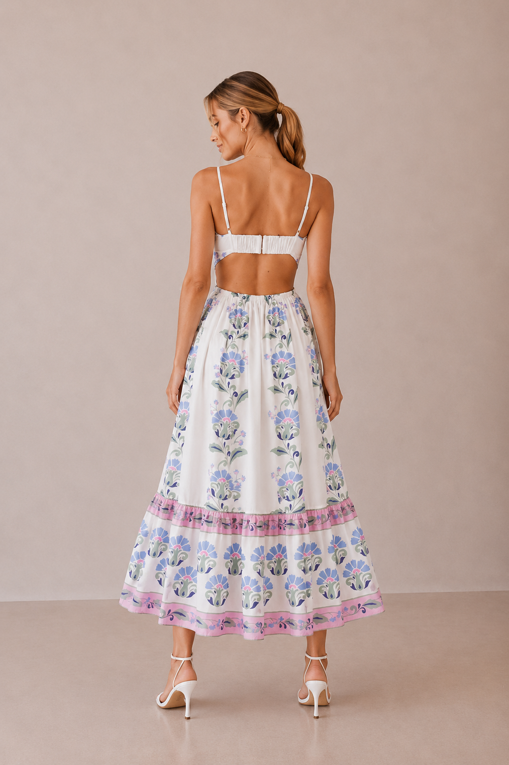 Luisa Cream Dress with Floral Border and Tiered Skirt