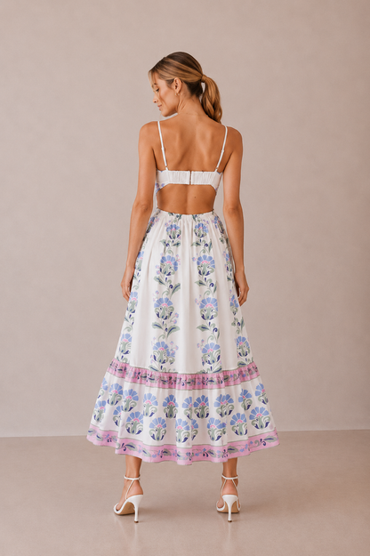 Luisa Cream Dress with Floral Border and Tiered Skirt