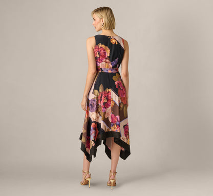 Damaris Black Dress with Floral Print and Handkerchief Hem