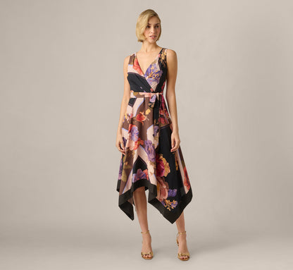 Damaris Black Dress with Floral Print and Handkerchief Hem