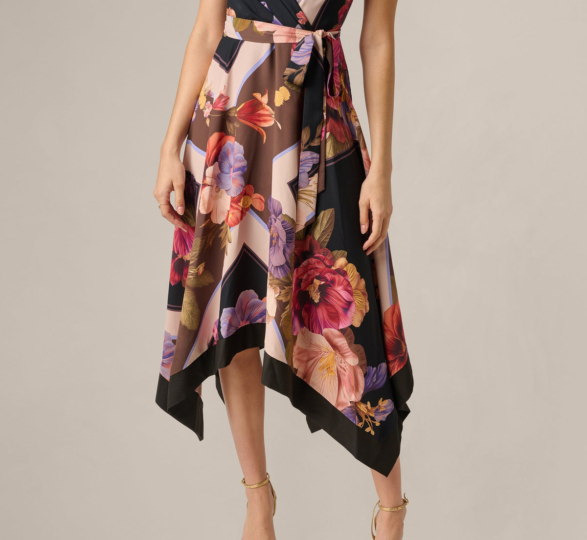 Damaris Black Dress with Floral Print and Handkerchief Hem