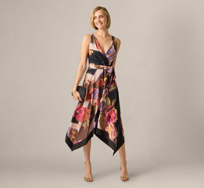 Damaris Black Dress with Floral Print and Handkerchief Hem