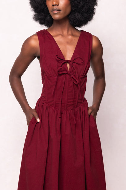 Mette Burgundy Dress with Lace-Up Front and Full Skirt