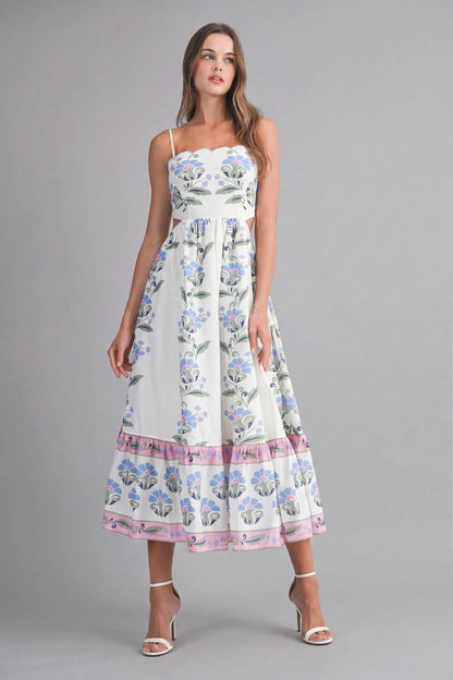 Luisa Cream Dress with Floral Border and Tiered Skirt