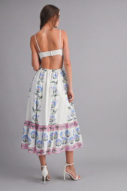 Luisa Cream Dress with Floral Border and Tiered Skirt