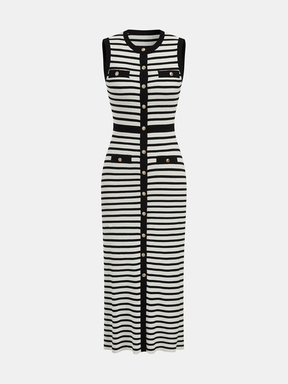 Sybil Knit Dress with Stripes and Button Front