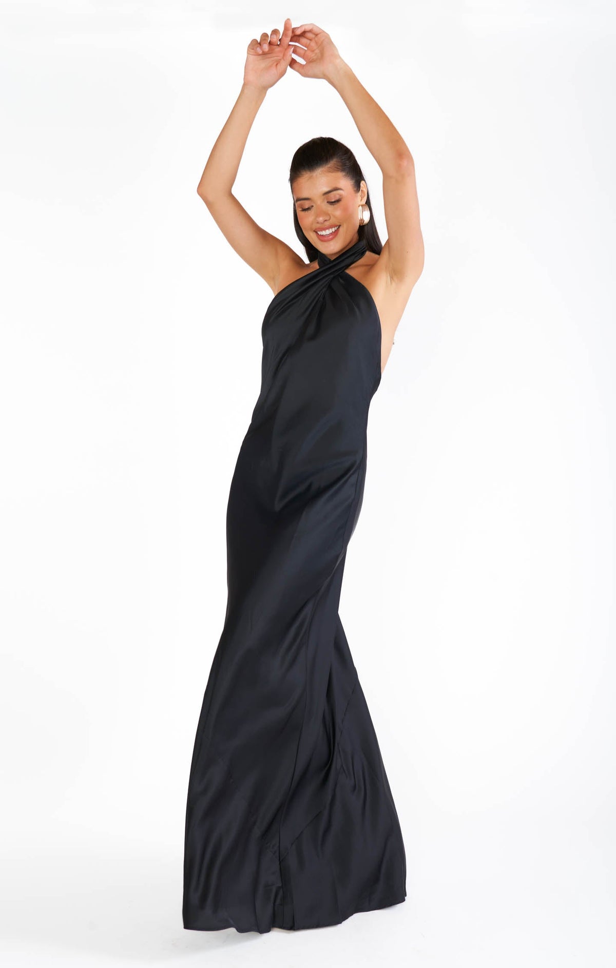 Dalia Black Dress with Halter Neck and Satin Column