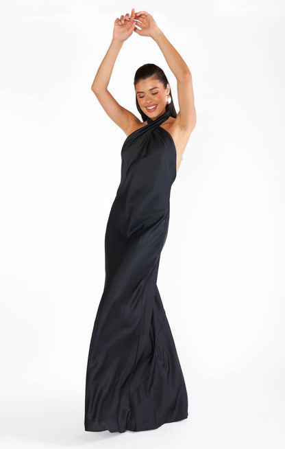 Dalia Black Dress with Halter Neck and Satin Column