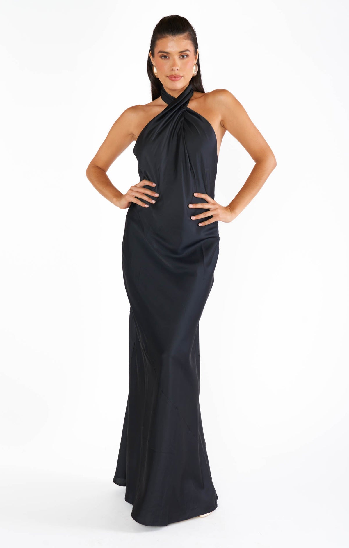 Dalia Black Dress with Halter Neck and Satin Column