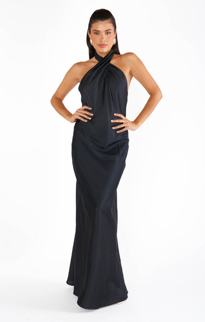 Dalia Black Dress with Halter Neck and Satin Column