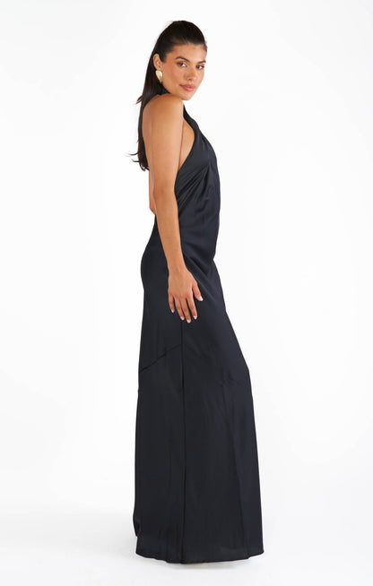 Dalia Black Dress with Halter Neck and Satin Column