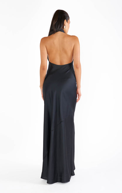 Dalia Black Dress with Halter Neck and Satin Column