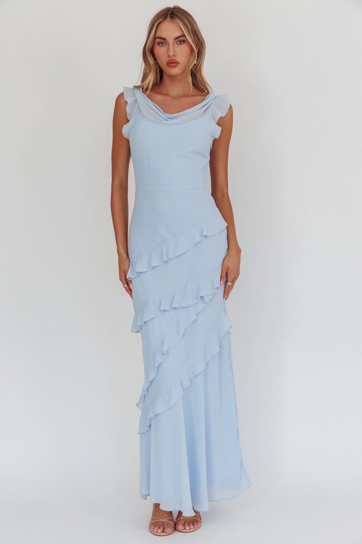 Rochelle Cowl Neck Ruffle Maxi Dress in Sapphire