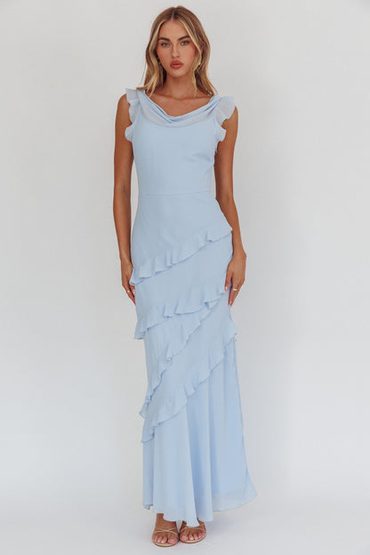 Rochelle Cowl Neck Ruffle Maxi Dress in Sapphire