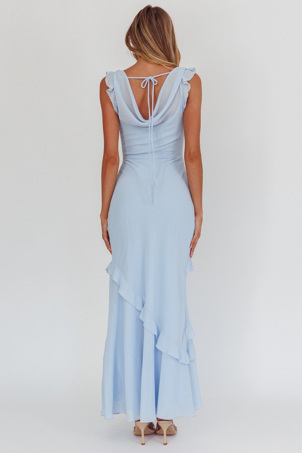 Rochelle Cowl Neck Ruffle Maxi Dress in Sapphire