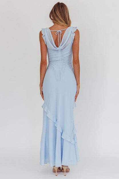 Rochelle Cowl Neck Ruffle Maxi Dress in Sapphire