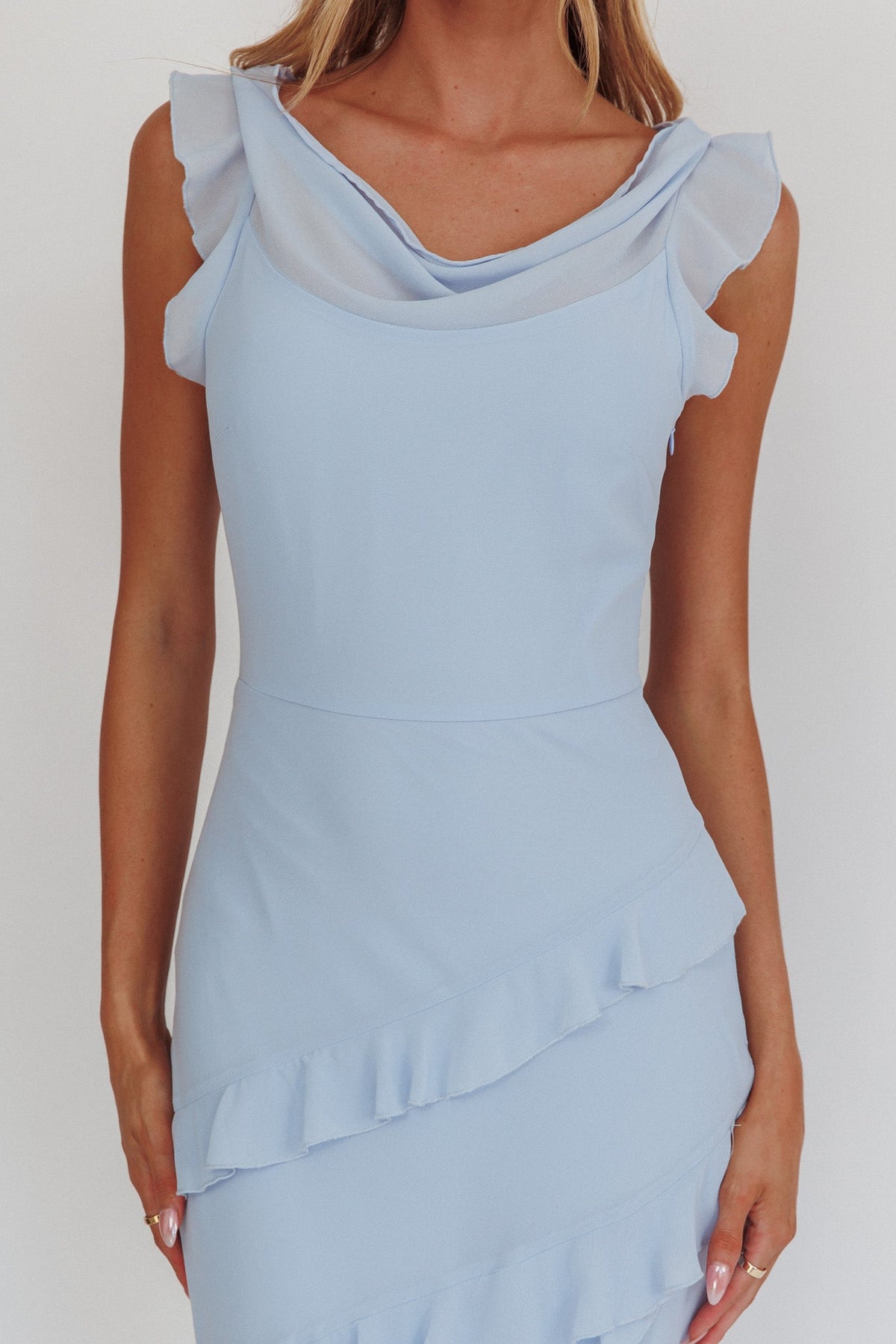Rochelle Cowl Neck Ruffle Maxi Dress in Sapphire