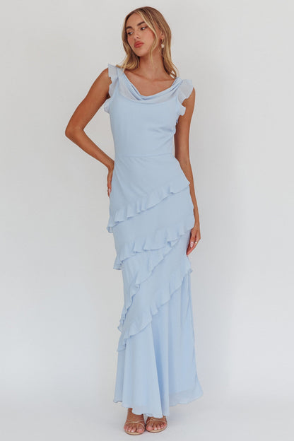 Rochelle Cowl Neck Ruffle Maxi Dress in Sapphire