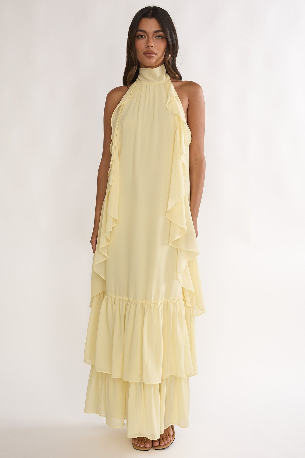 Lorina Layered Ruffle Halter Neck Maxi Dress